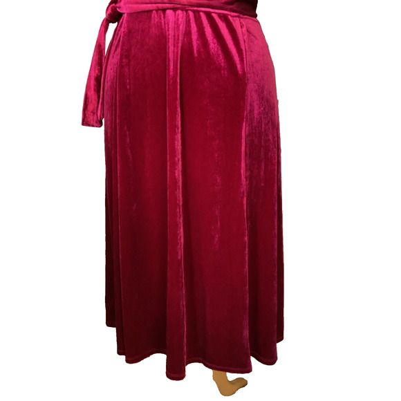 TACERA RED HOT VELVET V-NECK FAUX WRAP BELTED DRESS SZ PL - Picture 3 of 7